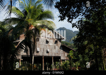 Iban longhouse traditionnelle autochtone à Bornéo, en Malaisie, en Asie du Sud-Est, l'Asie Banque D'Images