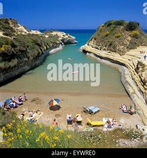 Vue sur la plage, Canal d'Amour, Sidari, côte nord, Corfou, îles Ioniennes, îles grecques, Grèce, Europe Banque D'Images