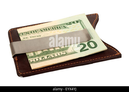Dollars en argent cuir brun clip. Isolé sur fond blanc, enregistré avec chemin de détourage. Banque D'Images