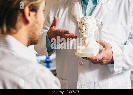 Acupuncteur Caucase showing patient buste sculpté avec schéma Banque D'Images