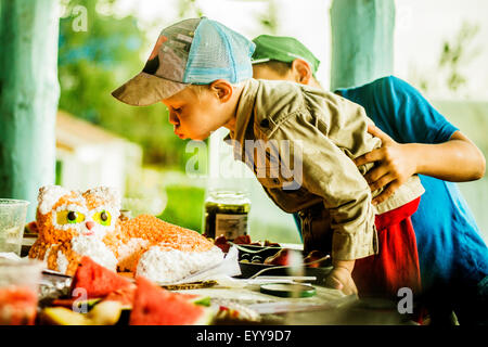 Woman blowing out candles on cake Banque D'Images