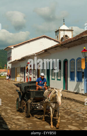 Cheval et panier sur la Rua Santa Rita, Paraty, Brésil Banque D'Images