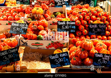 Jardin la tomate (Solanum lycopersicum, Lycopersicon esculentum), différentes variétés de tomates sur un marché, France, Lorraine, Metz Banque D'Images