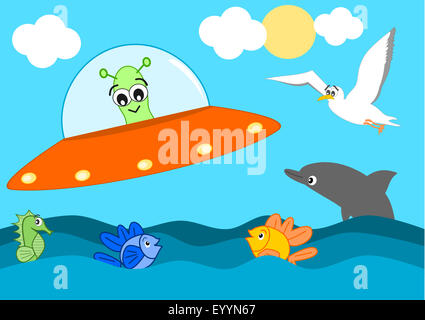 Cute cartoon visite exotiques la mer drôle illustration Banque D'Images