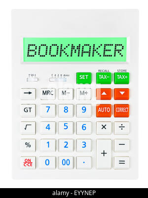 Calculatrice avec affichage sur bookmaker sur fond blanc Banque D'Images