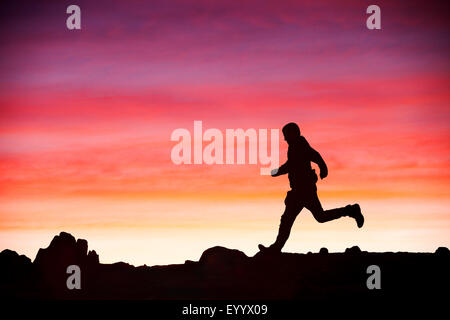 Un homme court sur éboulis rouge au coucher du soleil, Lake District, UK Banque D'Images