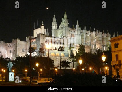 Allumé L'Almudaina et la cathédrale de Palma La Seu la nuit, Espagne, Baléares, Majorque Banque D'Images