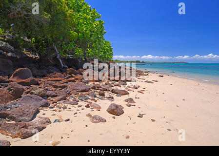 Plage avec des roches de lave sur l'île Nosy Faly, Madagascar, Nosy Faly, Isla Faly Banque D'Images
