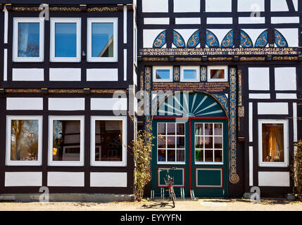 Vestibule maison à pans de bois dans la vieille ville historique de Wiedenbrueck, Allemagne, Rhénanie du Nord-Westphalie, à l'Est de la Westphalie, Rheda-Wiedenbrueck Banque D'Images