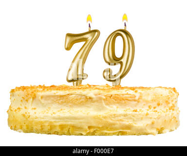 Gâteau d'anniversaire avec des bougies nombre soixante dix neuf isolé sur fond blanc Banque D'Images