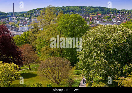 Vue depuis la tour Elisen dans les jardins botaniques de Wuppertal, en Allemagne, au printemps, en Rhénanie du Nord-Westphalie, Wuppertal Banque D'Images