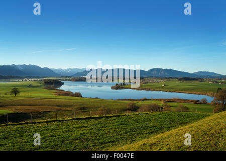 Lake Riegsee en matin d'automne, en Allemagne, en Bavière, Oberbayern, Haute-Bavière, Murnau Banque D'Images
