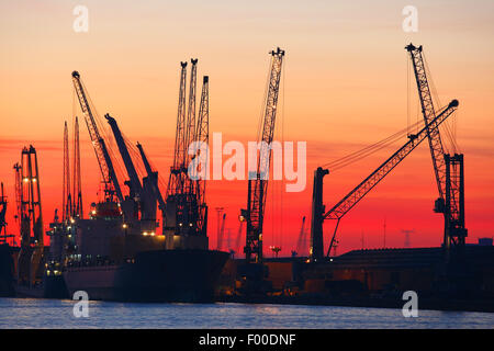 Dans les navires à quai à la raffinerie de pétrole de l'industrie pétrochimique du port d'Anvers au coucher du soleil, Belgique, Anvers Banque D'Images