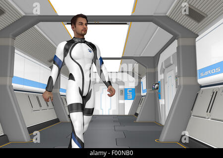 L'un de l'équipage de promenades à travers l'un des couloirs dans le navire pour se rendre à l'holodeck. Banque D'Images