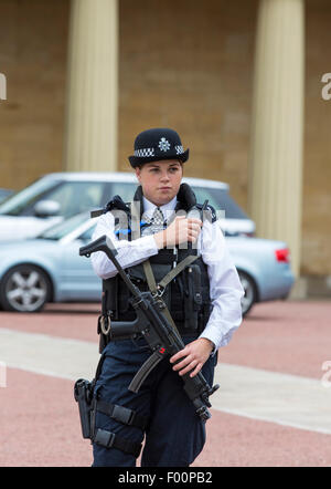 Les agents de police armés gardant une passerelle à Buckingham Palace, London, UK. Banque D'Images