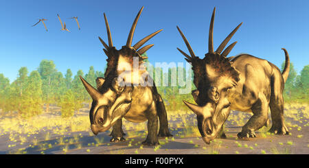 Un troupeau de Pterodactylus reptiles voler plus de deux dinosaures Styracosaurus pendant le Crétacé de l'Alberta, Canada. Banque D'Images