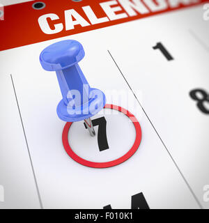 Calendrier et punaise bleue. Marque sur le calendrier en 7 Banque D'Images