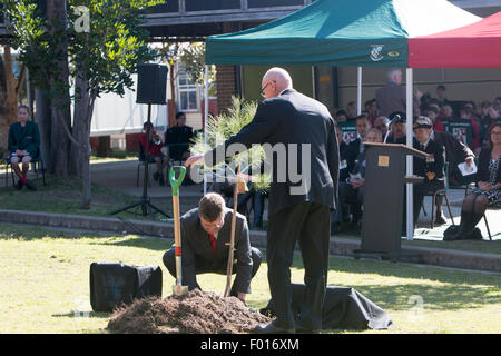 Centenaire de la bataille de Lone Pine entre les forces australiennes et ottoman pendant la Première Guerre mondiale, est célébré en Public School, à Sydney, en Australie. Le gouverneur de Nouvelle-Galles du Sud, le général David Hurley a planté le Lone Pine et dévoilé une plaque de cérémonie. Banque D'Images