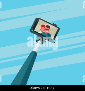 Portrait of smiling young couple sur smartphone. Stick selfies monopod. Résumé fond de ciel. Vector illustration. Illustration de Vecteur