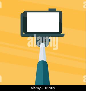 Stick selfies monopied avec smartphone sur fond abstrait jaune. Écran vide. Vector illustration. Illustration de Vecteur