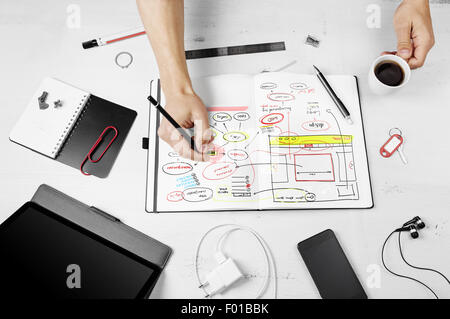 Lieu de travail. L'homme travaillant sur le bloc-notes à la main avec projet de site web. Banque D'Images