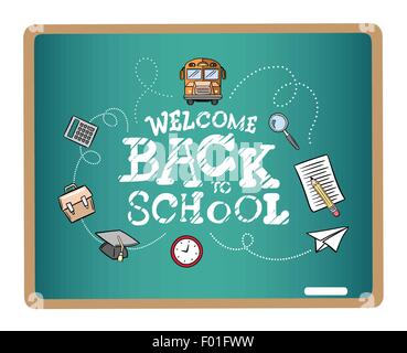Message de bienvenue de nouveau à l'école entouré par des icônes vecteur sur green chalkboard Illustration de Vecteur