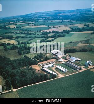 Vue aérienne de la ferme entourée de bocage champs cultivés (champs clos par des haies ou des bosquets) près de Nenez - Bretagne, France. Banque D'Images