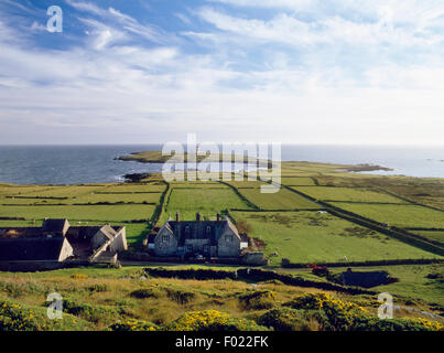 L'île de Bardsey, Gwynedd : voir SW plus Rhedynog Goch et Ty Pellaf gîtes ruraux à phare sur extrémité sud avec Henllwyn bay (L) & Solfach Porth (R). Banque D'Images