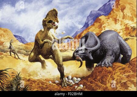 Paléozoologie - Crétacé - Dinosaures - Oviraptor (à gauche) et Protoceratops - Art par John Francis Banque D'Images