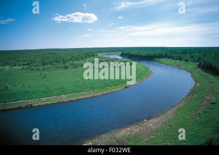 Vue aérienne de la rivière Yenisey - environs d'Igarka, Sibérie, Russie Banque D'Images