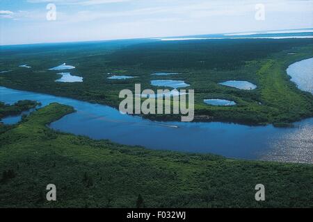 Vue aérienne de la rivière Yenisey - environs d'Igarka, Sibérie, Russie Banque D'Images