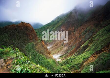 Vallée de la désolation, active fumerolles, Parc national du Morne Trois Pitons (Liste du patrimoine mondial de l'UNESCO, 1997), Dominique. Banque D'Images