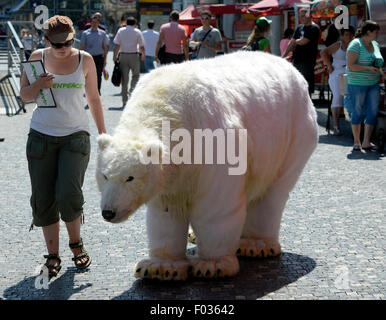 Prague, République tchèque. 6e août, 2015. Greenpeace tchèque commencent à créer un géant marbre-toile pour une société écran pour nettoyer les nappes de pétrole qui peuvent menacer l'Arctique après une éventuelle catastrophe pétrolière à Prague, République tchèque, le 6 août 2015. Polar bear photo costume. Photo : CTK Michal Krumphanzl/Photo/Alamy Live News Banque D'Images