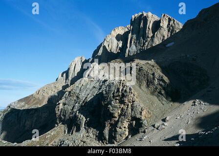 Marmolada (3342 mètres), Col d'Ombretta Dolomites (Liste du patrimoine mondial de l'UNESCO, 2009), Lombardie, Vénétie, Italie. Banque D'Images