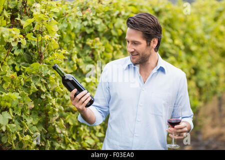 Jeune homme heureux à la bouteille de vin à Banque D'Images