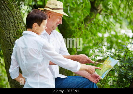 Happy senior couple painting ensemble dans la nature en été Banque D'Images