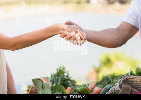 Farmer et client shaking hands Banque D'Images