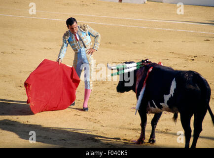 Torero en action lors d'une corrida à l'aide de la muleta (cape avec stick), Aracena, Andalousie, espagne. Banque D'Images