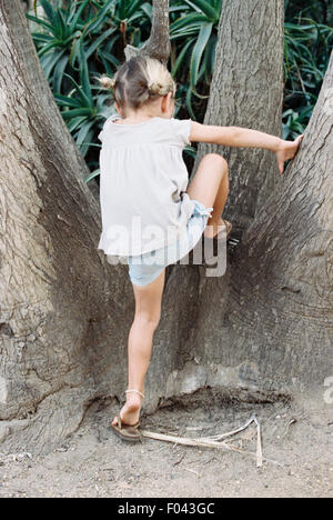 Une jeune fille aux cheveux blonds escalade un arbre. Banque D'Images