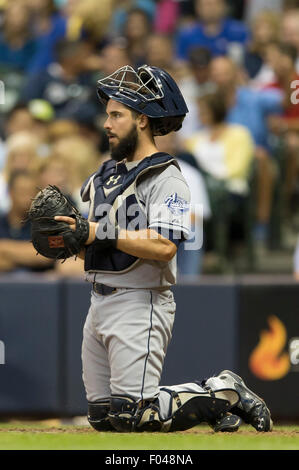 Milwaukee, WI, USA. Le 05 août, 2015. San Diego Padres catcher Austin Hedges # 18 au cours de la partie de baseball de ligue majeure entre les Milwaukee Brewers et San Diego Padres au Miller Park de Milwaukee, WI. John Fisher/CSM/Alamy Live News Banque D'Images