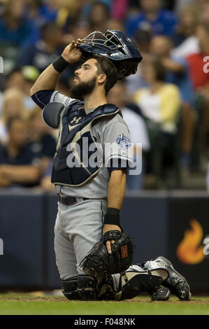 Milwaukee, WI, USA. Le 05 août, 2015. San Diego Padres catcher Austin Hedges # 18 au cours de la partie de baseball de ligue majeure entre les Milwaukee Brewers et San Diego Padres au Miller Park de Milwaukee, WI. John Fisher/CSM/Alamy Live News Banque D'Images