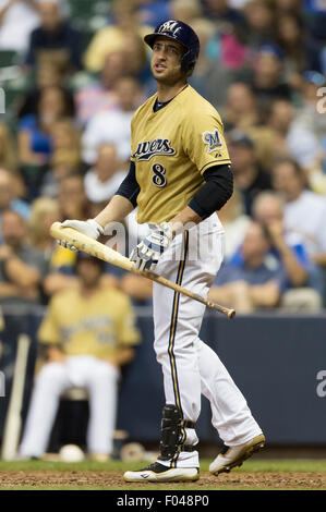 Milwaukee, WI, USA. Le 05 août, 2015. Droit des Milwaukee Brewers fielder Ryan Braun # 8 pendant le match de la Ligue Majeure de Baseball entre les Milwaukee Brewers et San Diego Padres au Miller Park de Milwaukee, WI. John Fisher/CSM/Alamy Live News Banque D'Images