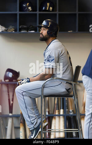 Milwaukee, WI, USA. Le 05 août, 2015. San Diego Padres droit fielder Matt Kemp # 27 au cours de la partie de baseball de ligue majeure entre les Milwaukee Brewers et San Diego Padres au Miller Park de Milwaukee, WI. John Fisher/CSM/Alamy Live News Banque D'Images