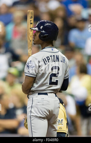 Milwaukee, WI, USA. Le 05 août, 2015. San Diego Padres champ centre Melvin Upton Jr. # 2 au cours de la partie de baseball de ligue majeure entre les Milwaukee Brewers et San Diego Padres au Miller Park de Milwaukee, WI. John Fisher/CSM/Alamy Live News Banque D'Images