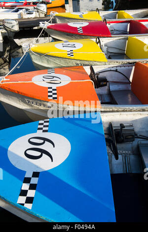 Voitures hors-bord sur la rivière tôt le matin la lumière à Henley on Thames, Oxfordshire, Angleterre Banque D'Images