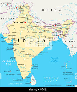 Carte politique de l'Inde à New Delhi, capitale des frontières nationales, d'importantes villes, rivières et lacs. English l'étiquetage et à l'échelle. Banque D'Images