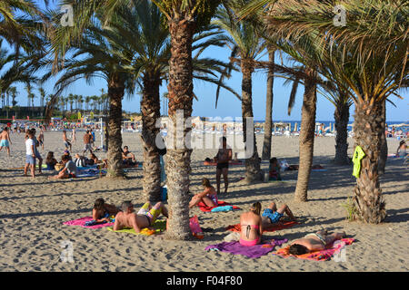 Scène de plage de l'Arenal, avec des personnes sous les palmiers et un groupe à jouer au volleyball de plage, Javea, Costa Blanca, Espagne Banque D'Images
