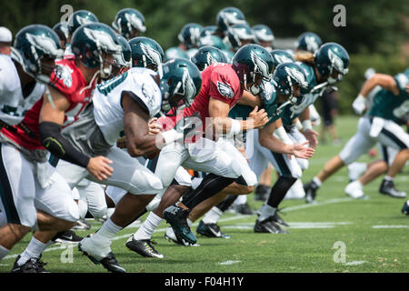 Philadelphie, Pennsylvanie, USA. 6e août, 2015. Philadelphia Eagles chauffe lors camp d'entraînement à la complexe NovaCare à Philadelphie, Pennsylvanie. Christopher Szagola/CSM/Alamy Live News Banque D'Images