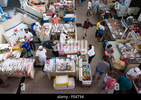 PANAMA CITY, Panama — le Marcado de Mariscos (marché de fruits de mer) sur le front de mer à côté de Casco Viejo à Panama City. Dans une section, les vendeurs vendent des fruits de mer frais de tous types, tandis qu'à côté se trouvent une série de restaurants de fruits de mer en plein air où le ceviche est une spécialité. Banque D'Images