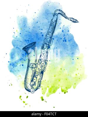 Saxophone alto classique dessiné à la main sur aquarelle splash Illustration de Vecteur